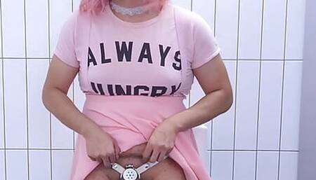 Unlocking chastity in public restroom