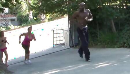 Black sport trainer fuck his tow students after jogging at pool