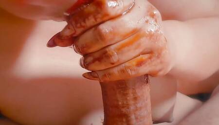 POV-Savoring my husband's cock covered with chocolate cream.