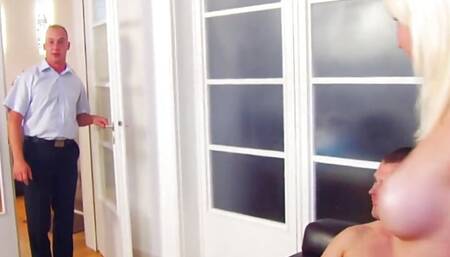 beautiful blonde gets banged by two on the couch