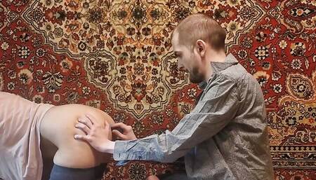 Girl gets anal fucked dildo toy from man