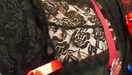 Shemale cum through panties, in lingerie and stockings