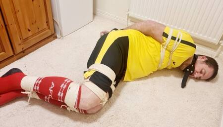 Edging a tied up footballer with my wand -BBW domination, BBW bondage,bound and gagged man,man tied up,amateur,male bondage,man in bondage,soccer kit,football kit,socks,rope bondage,gay bondage,edging,edged,wand,
