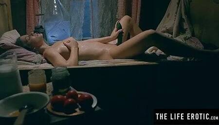 Puffy nippled girl masturbates hard with Honey & Cucumber