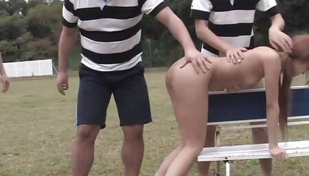 Cutie gets soaked in cum after an outdoor blowbang