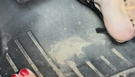 Driving to work in Cute Black Sandals with Sexy Red Toes