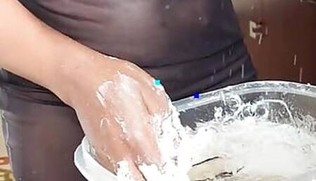 Little ebony tits nipples pussy while rolling dough baking