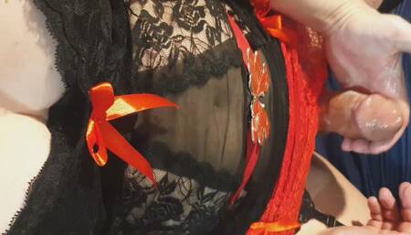 Sexy Shemale Cum Through Panties, in Lingerie With Stockings, Cum on Tits