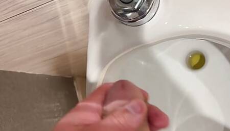 Cuckold husband plays in public bathroom