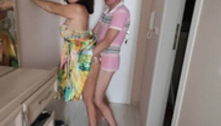 Double cumshot of the neighbor's wife while her husband jerks off at home!