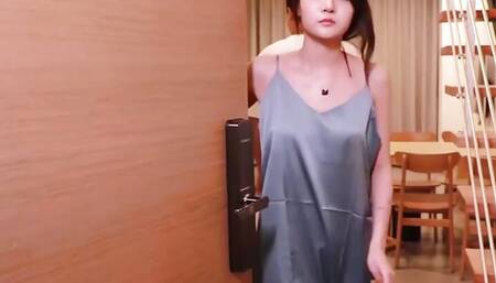 Petite slut Asian wife with small boobs cheating with her boss in the hotel and cum on her hot body