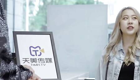 Horny slut blonde Asian whore with big booos teasing the big dick to fuck her wet pussy in the Barber Shop