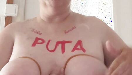 Fat slave sub slut shaves her head, while her tits are tied up and selfspanked.  Amateur Spanish milf.  Humiliation