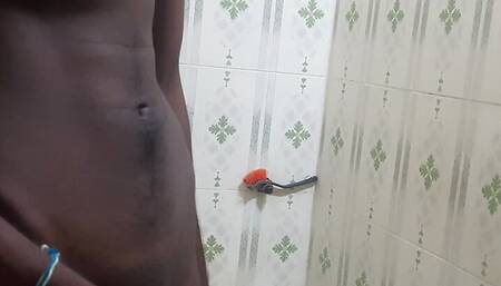 Spitting and Masturbating my black cock after trimming all the hair