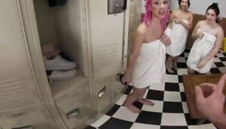 Co-Ed babes Jazmin Luv, Kiana Kumani, and Keira Croft hook up with a long penis gym goer in the locker room