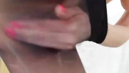 Peeing through black pantyhose from orgasm