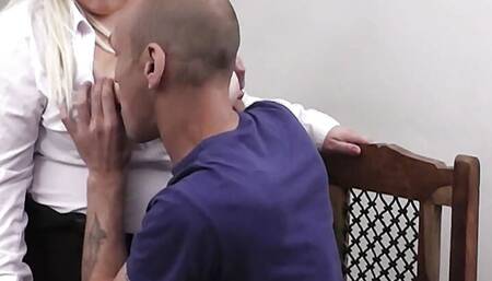 Huge tits blonde in stockings rides boss big dick