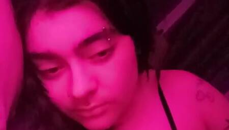 Sexy Dreadhead plays with neon lights like a bitch