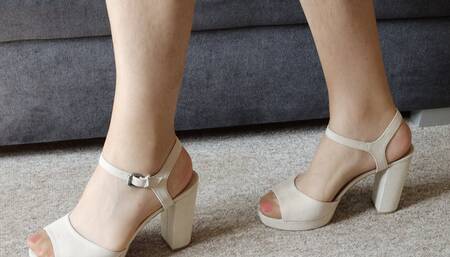My sexy crossdresser legs, feet and toes in high heels sandals. Wearing nude pantyhose.