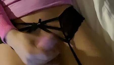 Trans jerking her cock while vibrating her asshole