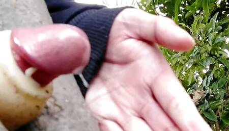 Milking penis in the park