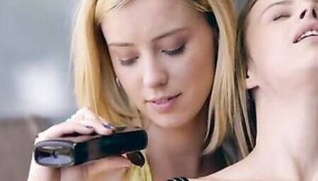 Jillian Janson can't stop moaning as Haley Reed pours suntan lotion on her bikini clad body and strokes it in.