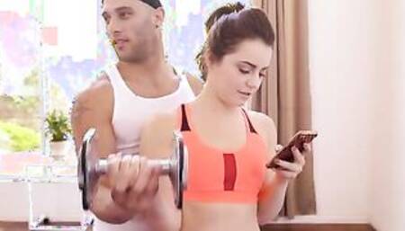 Horny 19 year old Kylie Quinn is working out with her stepbrother Damon Dice, but she insists