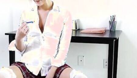 Cock craving Bombshell Kate England plays with her bare snatch beneath the miniskirt of her schoolgirl uniform, and soon that