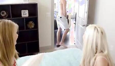 Elsa Jean and Hannah Hays are having a fun time bopping each other with pillows when their stepbrother Dustin Daring