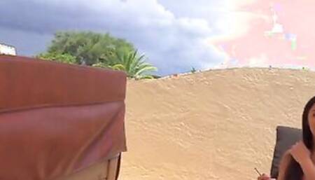 Ella Cruz is hanging out on her friend's nice rooftop sunbathing when the friend's dad