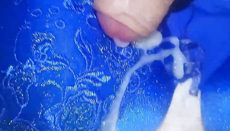 Leatransteen cum on Blue shiny satin bra