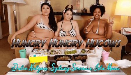 Hungry Hungry Hucows ft Sydney Screams, Dulce Nalgass, and Isla Moon - A facestuffing scene featuring BBW, overeating, burping, feederism, and belly play - 1080 WMV