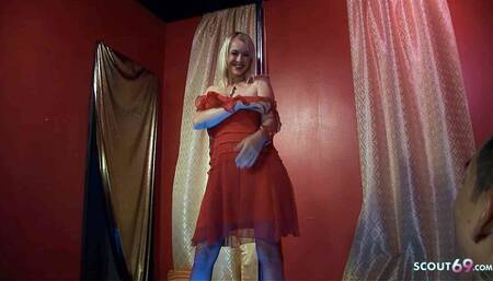 Skinny blonde Girl tricked to Anal Sex at Casting in Lapdance Club by the Boss