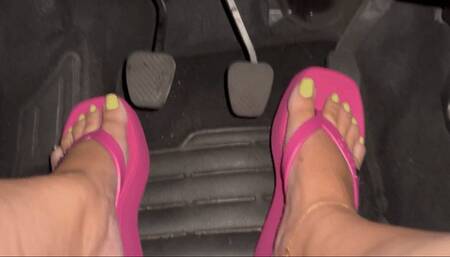 Juliette_RJ on a real Pedal Pumping Revving - Light Gree Pedicure Long Toenails wearing Pink Wedge Flip Flops- FOR MOBILE DEVICES USERS - PEDAL PUMPING - DRIVING - REVVING - LIGHT GREE PEDICURE - LONG TOENAILS - SEXY PINK WEDGES - FEET FETISH - PUMP HARD