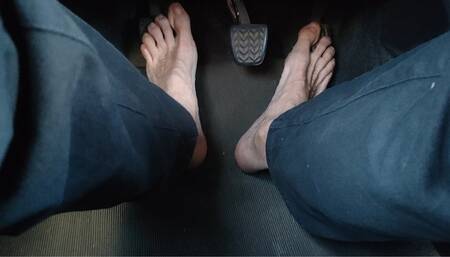 Feet and soles above pedals, while driving barefoot