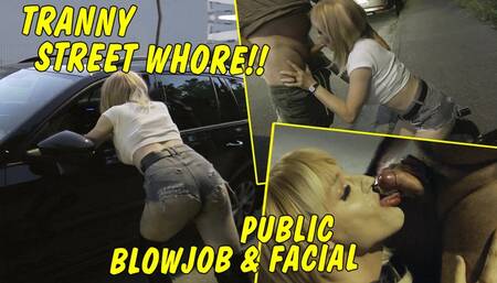 Tranny Girl on the road as a street whore! Public blowjob with facial cumshot!
