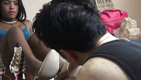 Shoe shine slave of a young black Goddess!