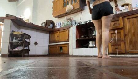 Milah Arches Barefoot walking in the kitchen