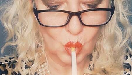 Sexy deep OMIs in the home office break with Marlboro 100*cough*eyeglasses*red glossy lips*curly hair