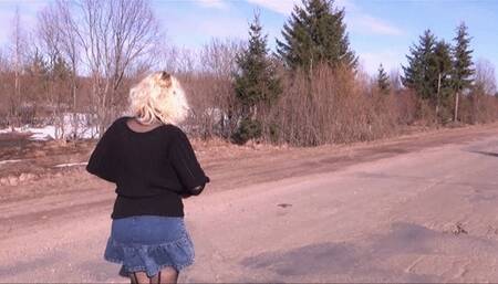 Jeans skirt and black pantyhose-Sexy walk big ass 2