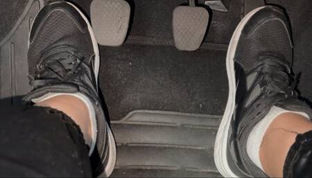 Juliette on a real Pedal Pumping Revving Sneakers and Barefoot - Red Pedicure Long Toenails - FOR MOBILE DEVICES USERS - PEDAL PUMPING - DRIVING BAREFOOT - REVVING - RED PEDICURE - LONG TOENAILS - FEET FETISH - PUMP HARD - DIRTY LANGUAGE - JOI