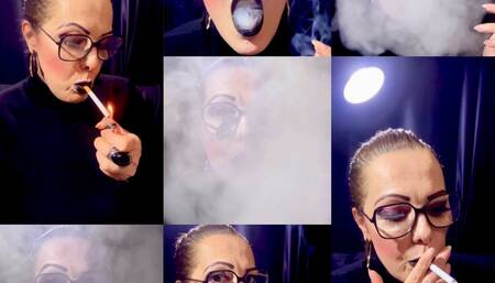 Creamy smoke - Chain of two Newports, deep inhales, blowing lots of smoke in your face and tapping ash in my human ashtray, you - Black lipstick and lots of makeup - Background music