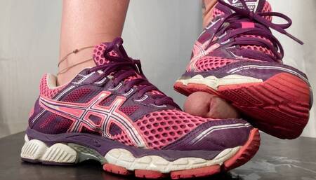 A Shoejob in well worn Asics sneakers - CBT, Shoejob, spitting and cockcrush in Asics Cummulus sneakers - slave view - HD