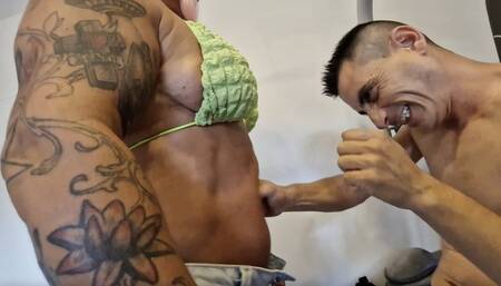 bbw mild thickness muscular woman gives her boyfriend masculine rude workout muscle lift wheigths lesson! weaker husband big strong wife roles !