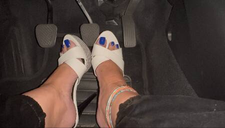 Juliette on a real Pedal Pumping wearing sexy mules - Blue Pedicure Long Toenails - FOR MOBILE DEVICES USERS - PEDAL PUMPING - DRIVING ON HEELS - REVVING - BLUE PEDICURE - LONG TOENAILS