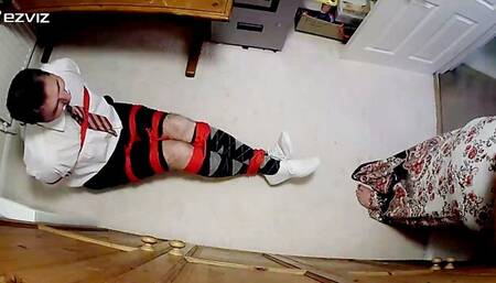 Man kept bound and gagged in adult school uniform in room-main cam-BBW domination,BBW bondage,male bondage,man in bondage,amateur,school uniform,schoolboy,gay bondage,argyle socks,rope bondage,man tied up,bound and gagged man,plimsolls,struggling,