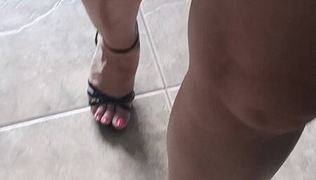 Trying on my new strappy black pleasure heels