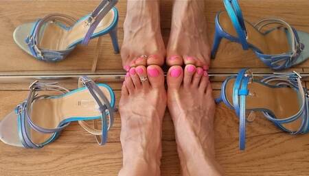 Blue metallic heels and pink toenails)