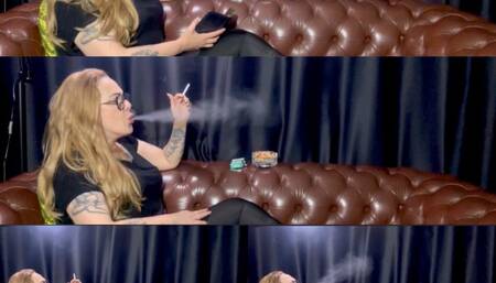 Simple smoking and a lot of coughing - Chain of two Newport - No makeup, wearing leggings, lying on the couch with bare feet