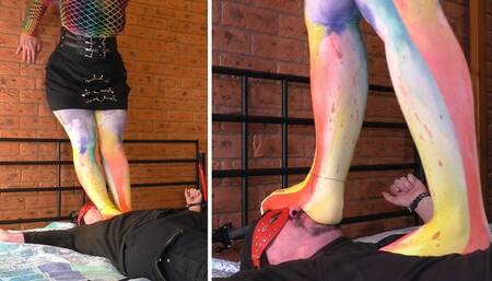 Mistress in opaque pantyhose trampling and standing on slave face (MP4 HD)